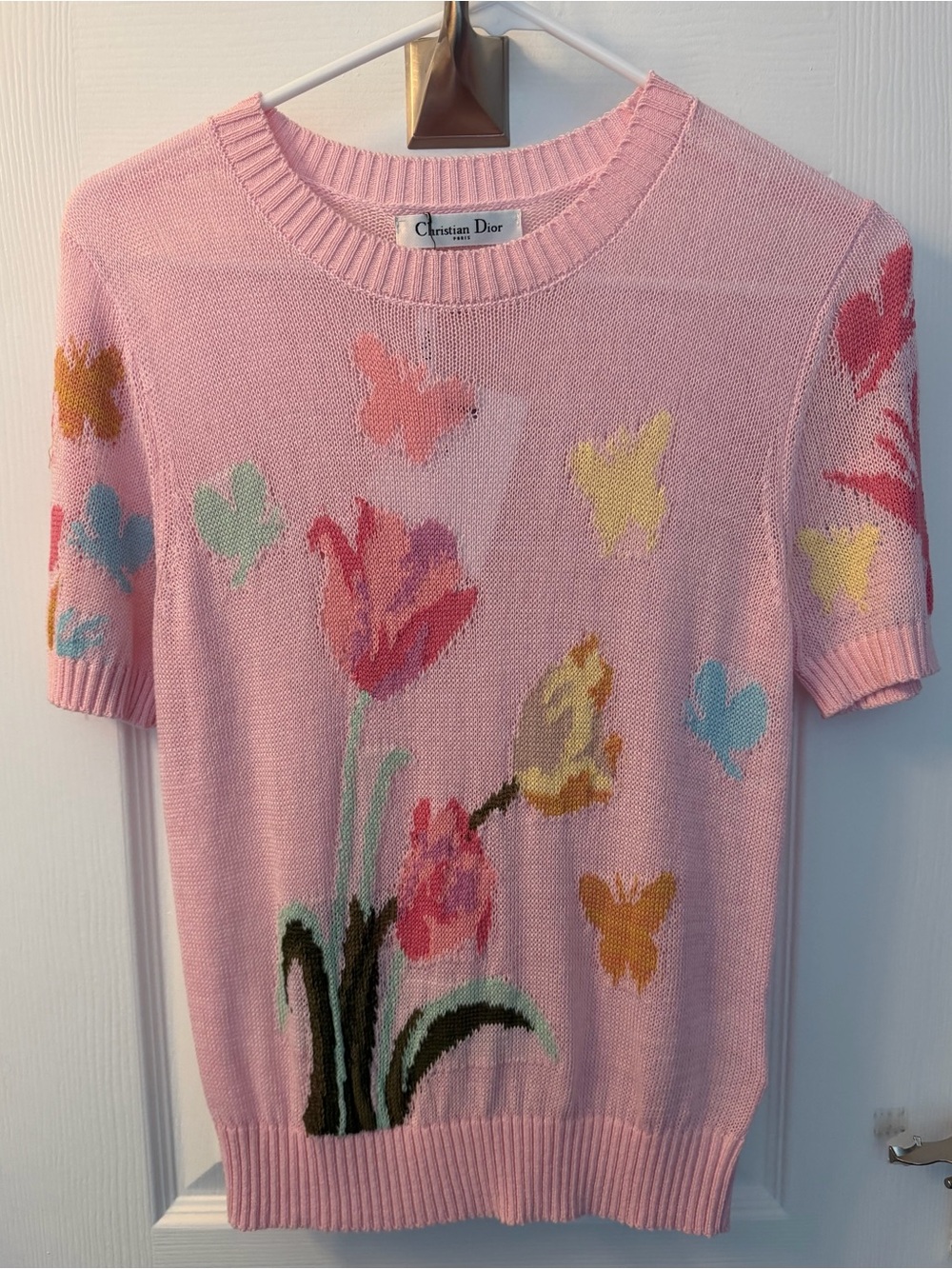 Christian Dior Pastel Pink Knit Sweater with Embroidered Tulip Motif